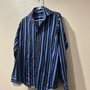 Bugatchi Men's Dark and Light Blue Striped Shirt, Medium, button up long sleeve